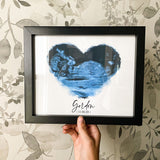 blue heart sonography photo in black frame