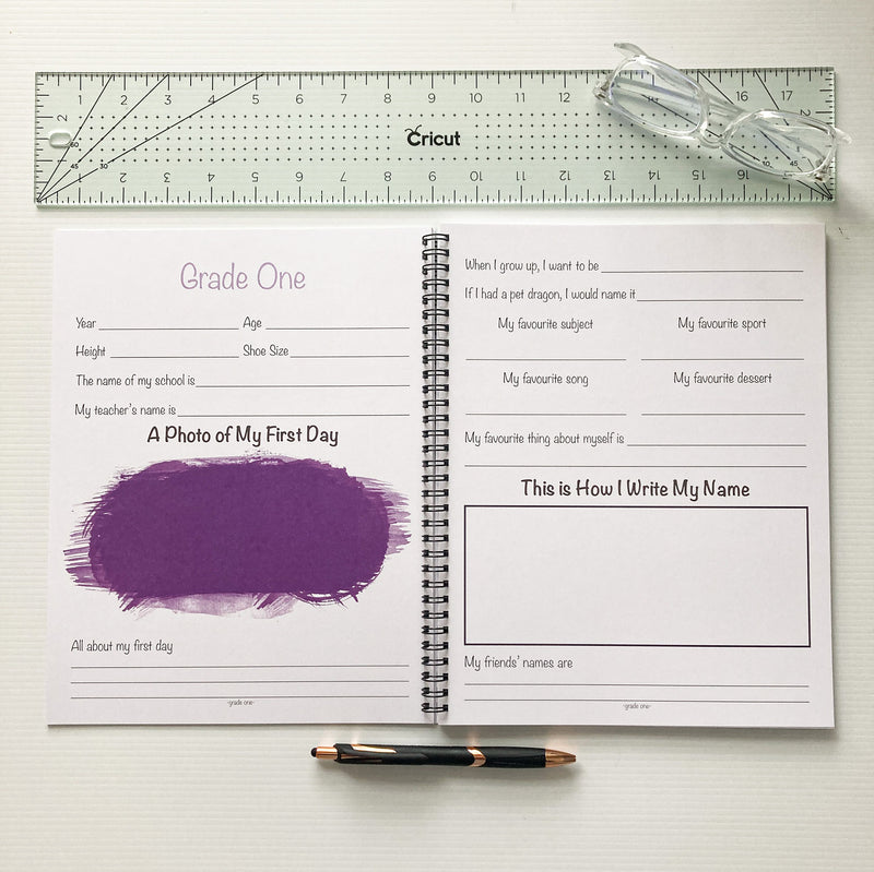 Purple school memory book with giraffe - grade one pages