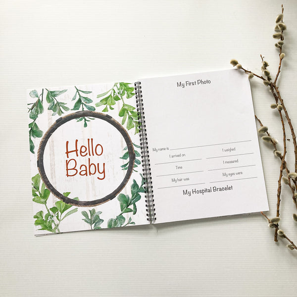 Rustic design Baby Book, Hello Baby section header page and My First Photo page