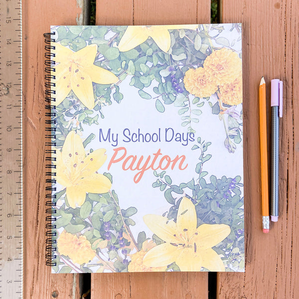 Yellow blooms design School memory book cover page with personalization