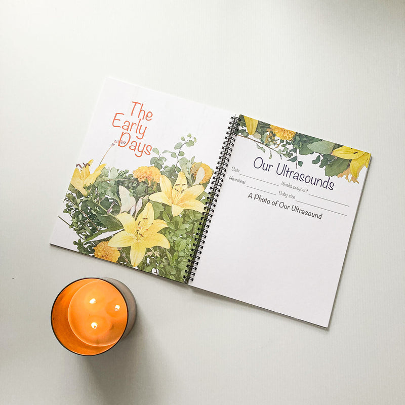 Yellow blooms design Pregnancy Journal memory book, The Early Days section header page and Our Ultrasounds page