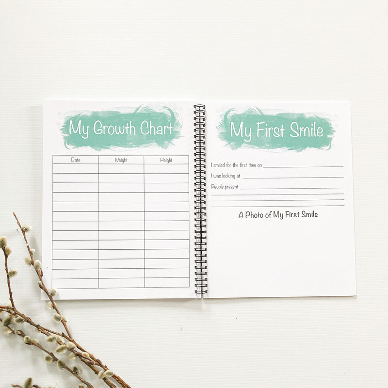 Birch design Baby Book, My Growth Chart page and My First Smile page